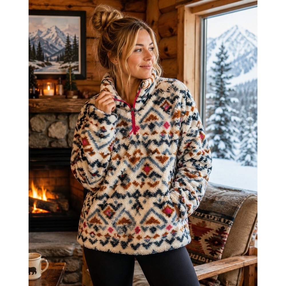 Eddie Bauer Womens XS Sherpa Fleece Pullover White‎ Pink Geometric Southwestern